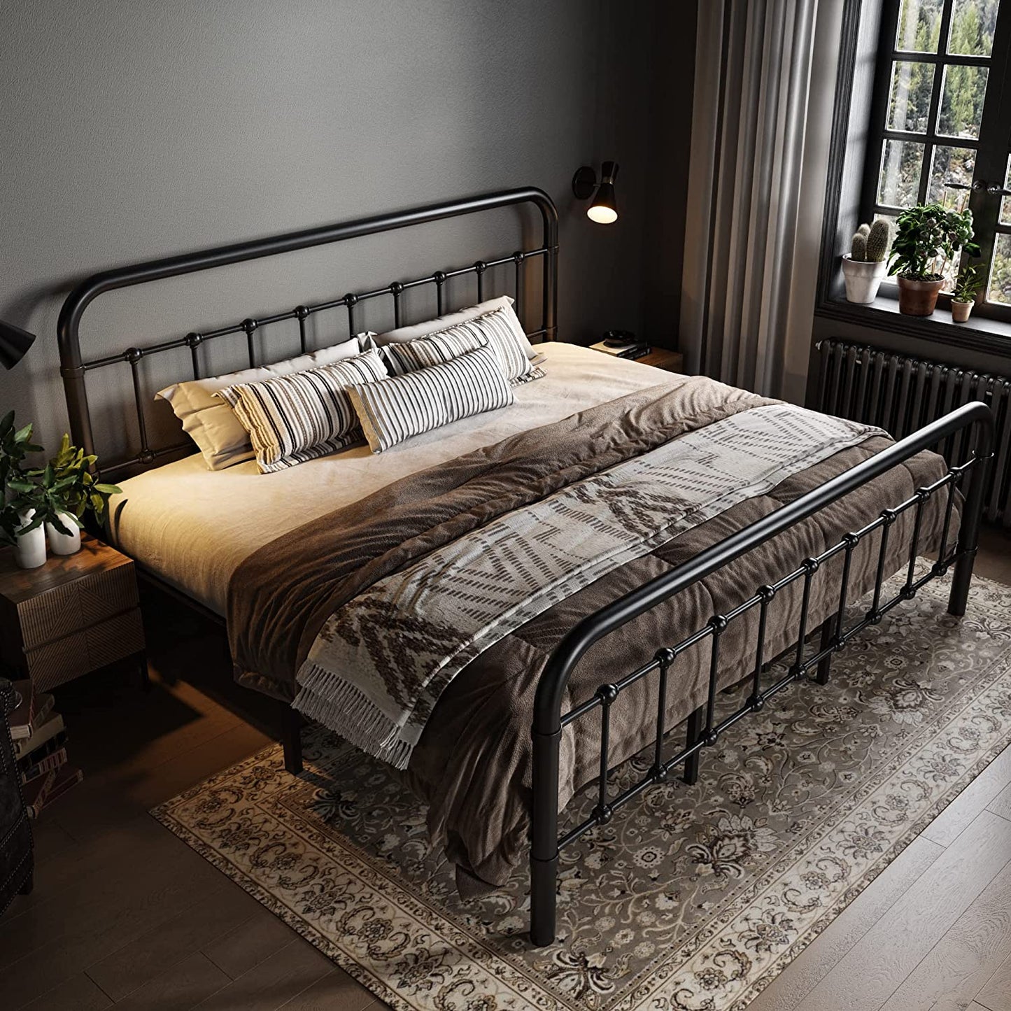 Allewie Metal Platform Bed Frame with Victorian Style Wrought Iron-Art Headboard/Footboard, Black
