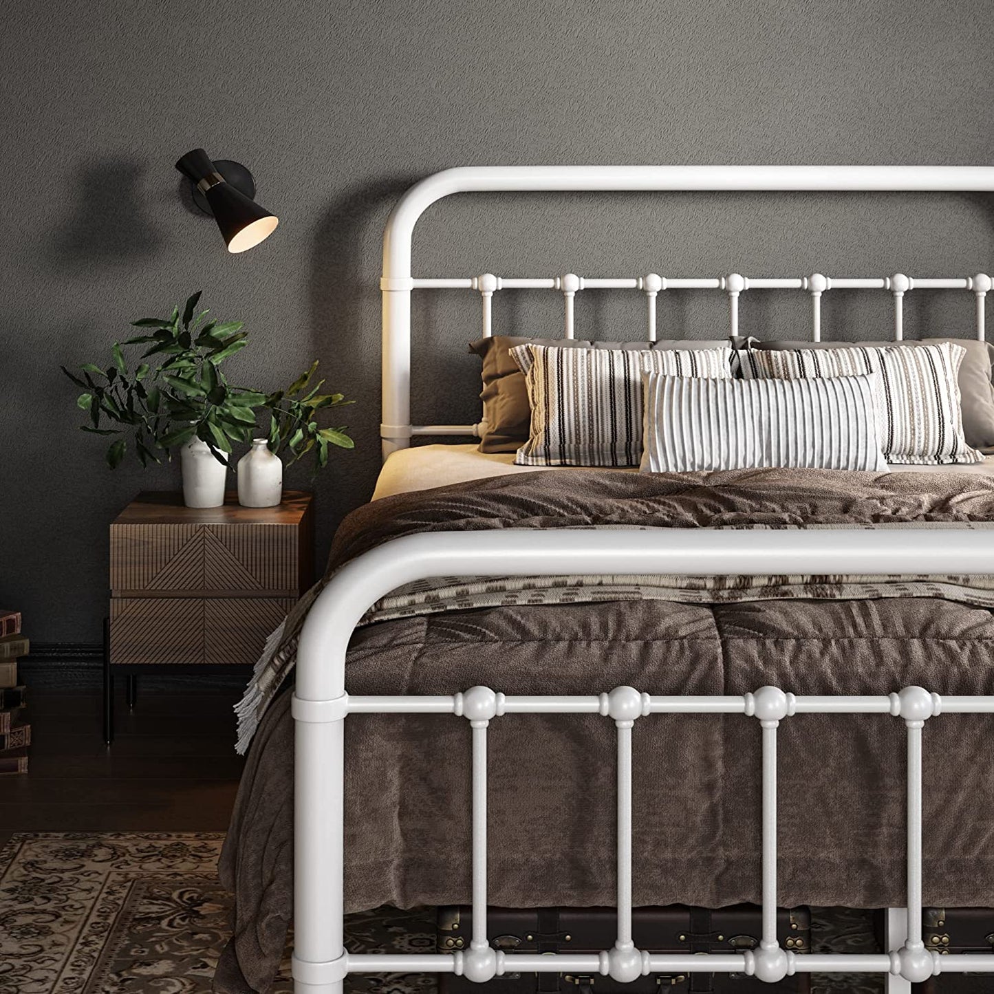 Allewie Metal Platform Bed Frame with Victorian Style Wrought Iron-Art Headboard/Footboard, White