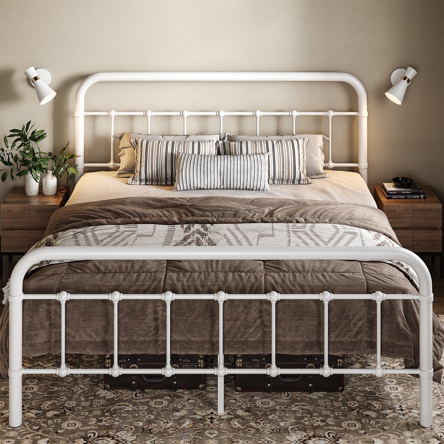 Allewie Metal Platform Bed Frame with Victorian Style Wrought Iron-Art Headboard/Footboard, White