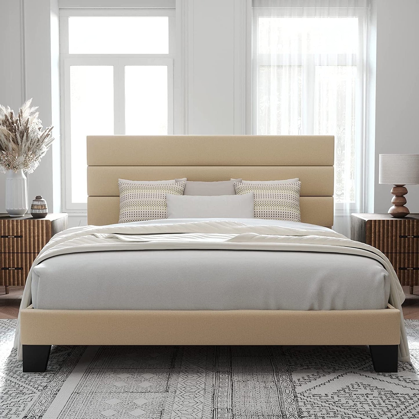 Allewie Full Size Platform Bed Frame with Velvet Upholstered Headboard and Wooden Slats Support, Black