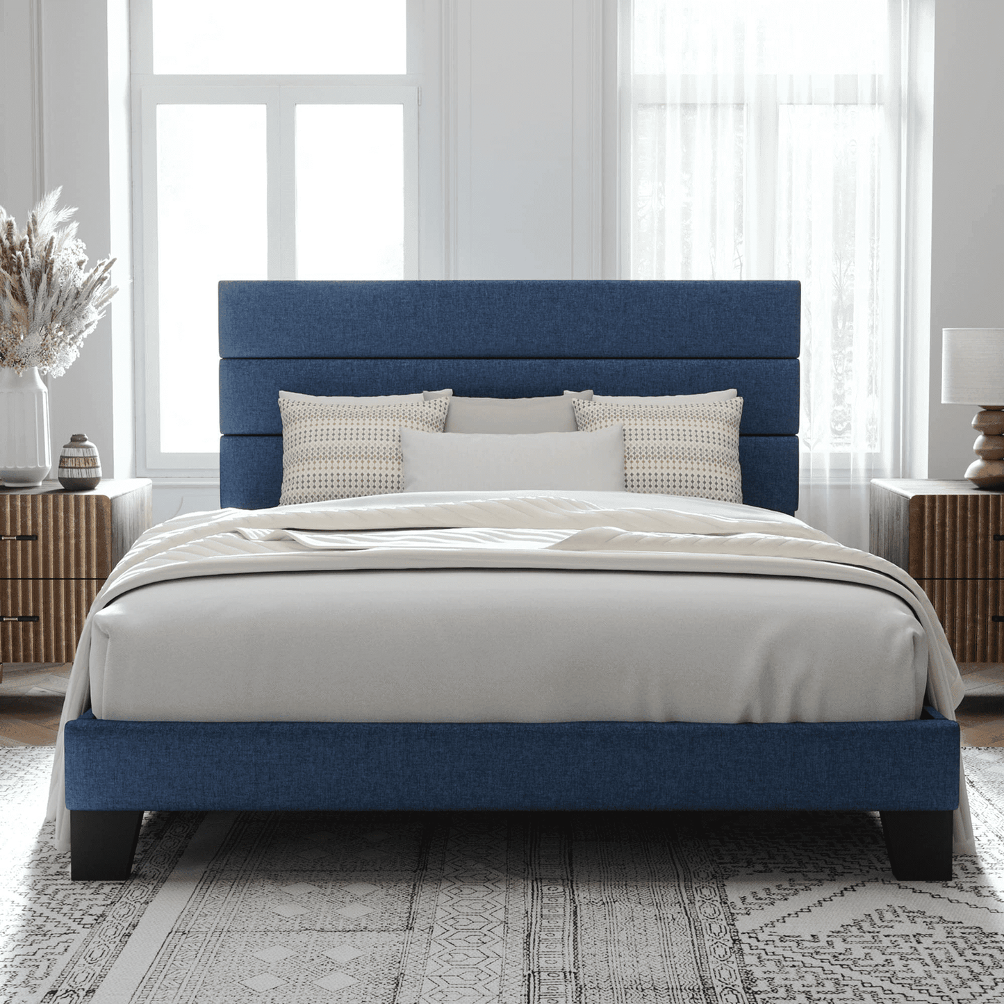 Allewie King Size Fabric Fully Upholstered Platform Bed Frame with Headboard and Strong Wooden Slats, Navy Blue