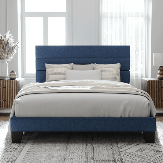 Allewie King Size Fabric Fully Upholstered Platform Bed Frame with Headboard and Strong Wooden Slats, Navy Blue