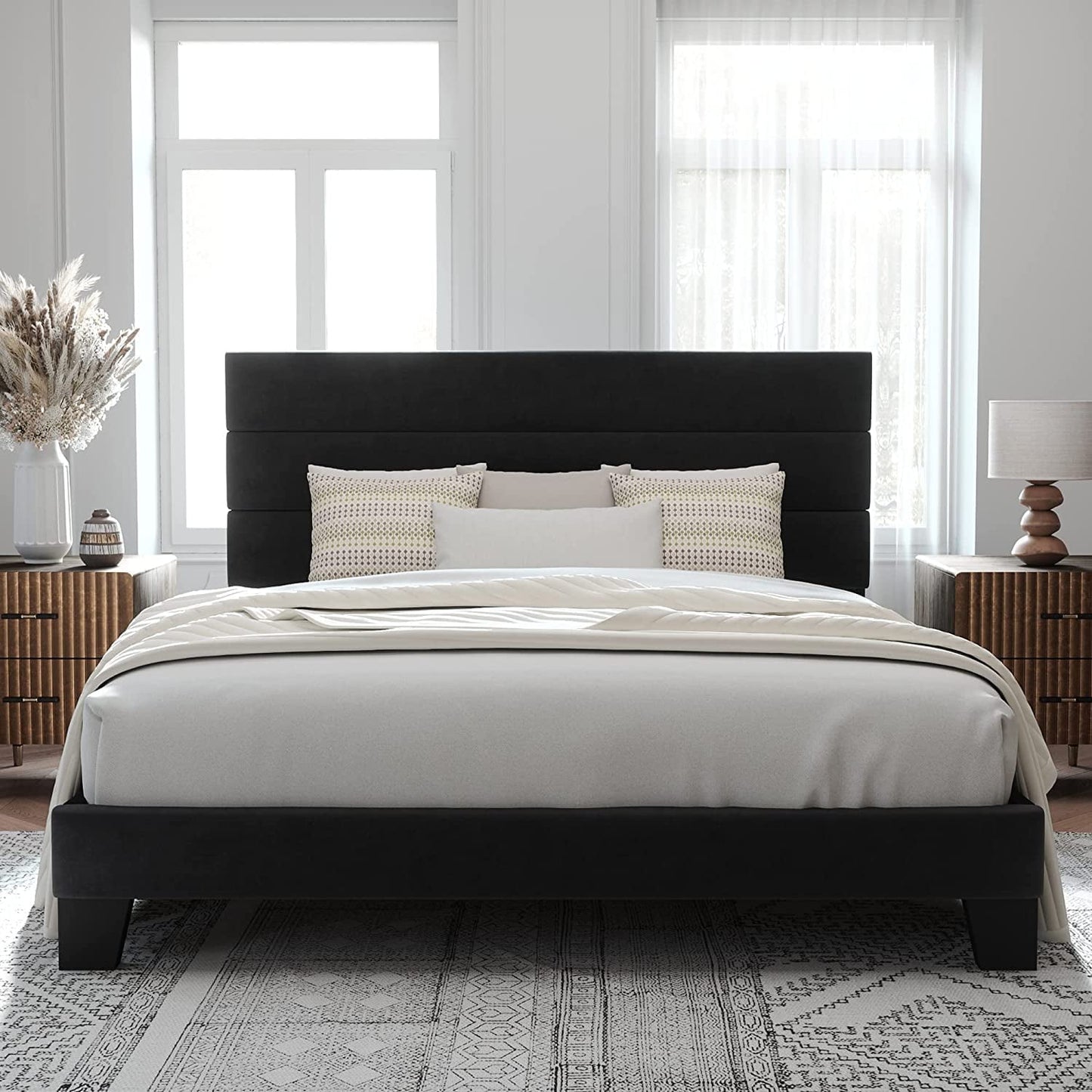 Allewie Full Size Platform Bed Frame with Velvet Upholstered Headboard and Wooden Slats Support, Black