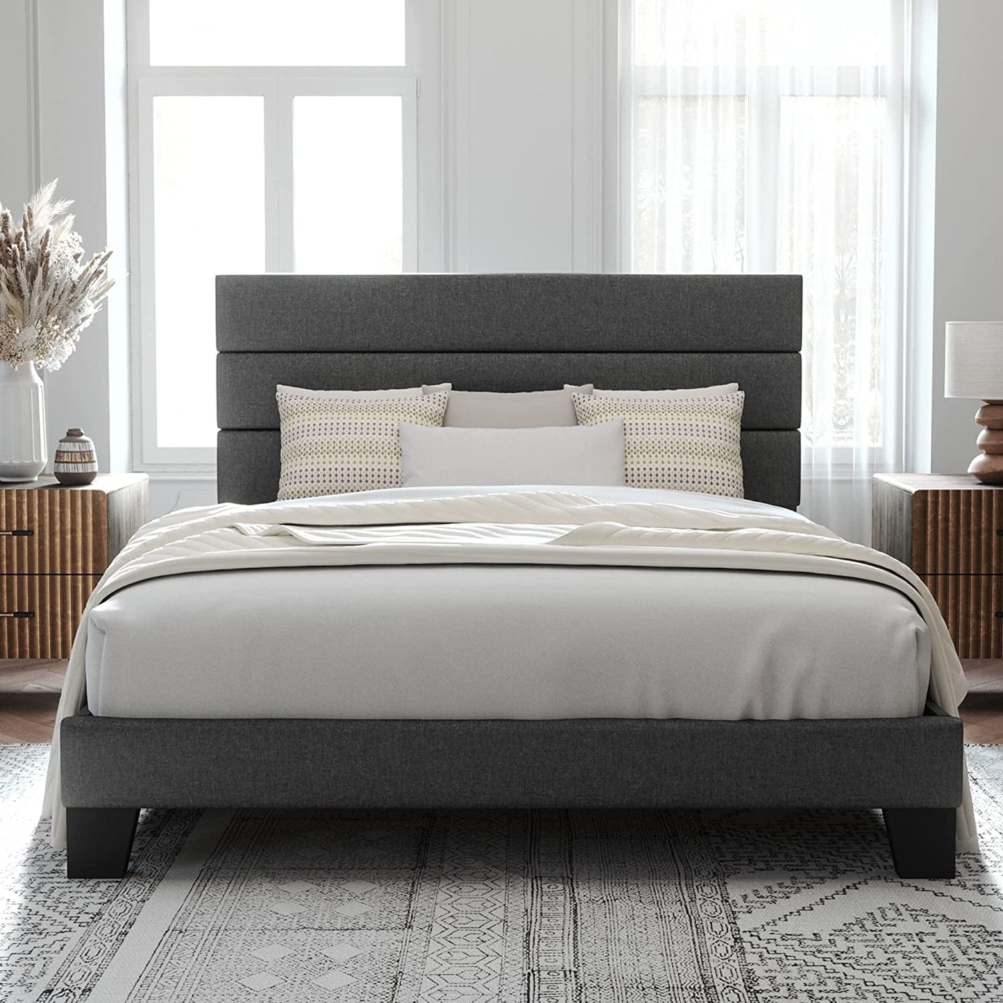 Allewie Queen Fully Upholstered Platform Bed Frame with Headboard, Dark Grey