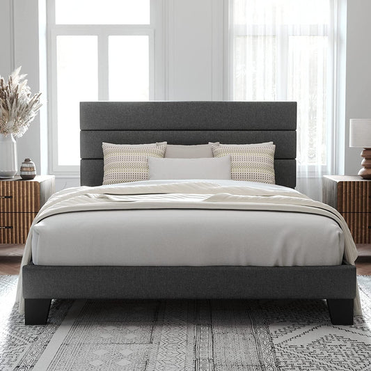 Allewie Queen Fully Upholstered Platform Bed Frame with Headboard, Dark Grey
