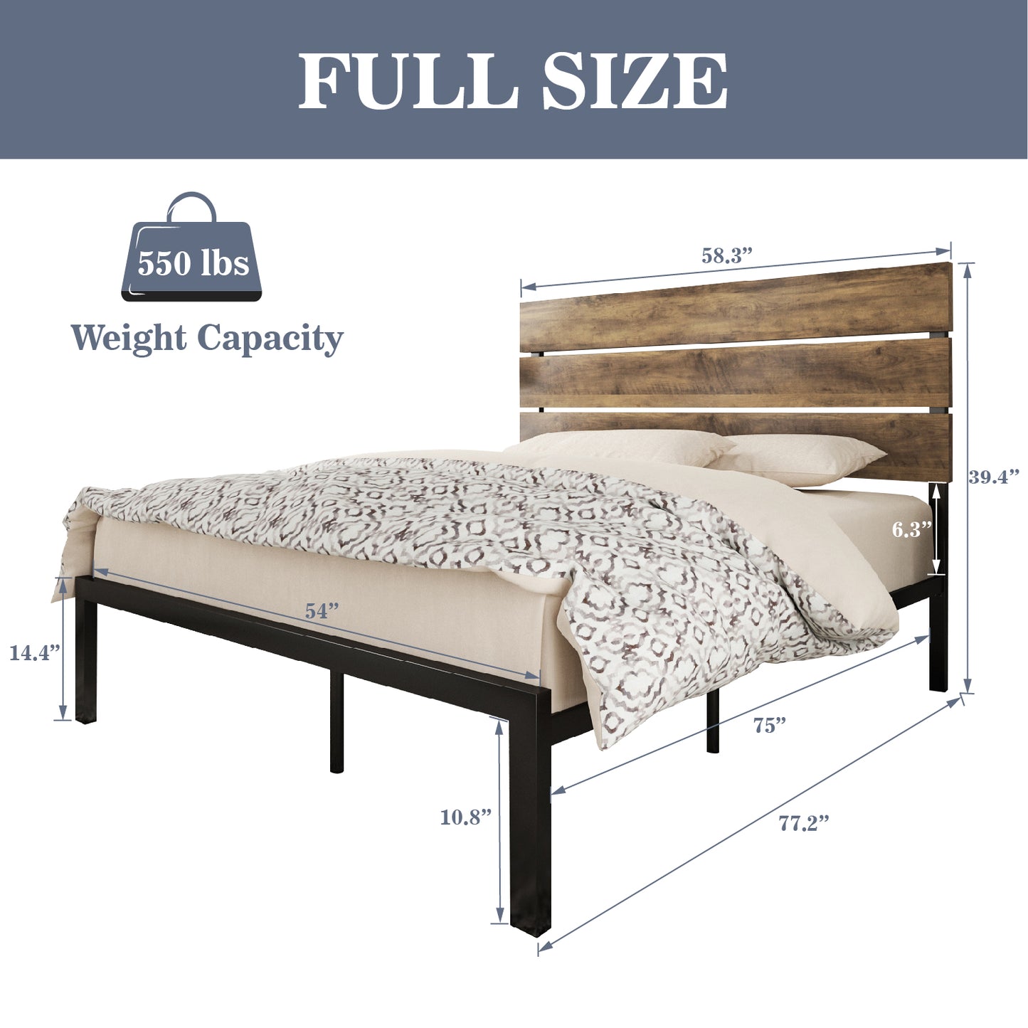 Allewie Rustic Country Style Wooden Headboard Metal Platform Bed with Strong Metal Slats