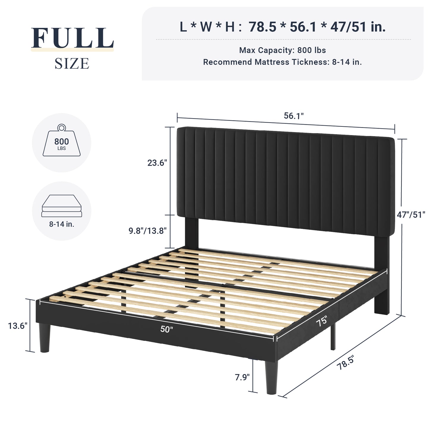 Allewie Velvet Upholstered Platform Bed Frame with Adjustable Vertical Channel Tufted Headboard