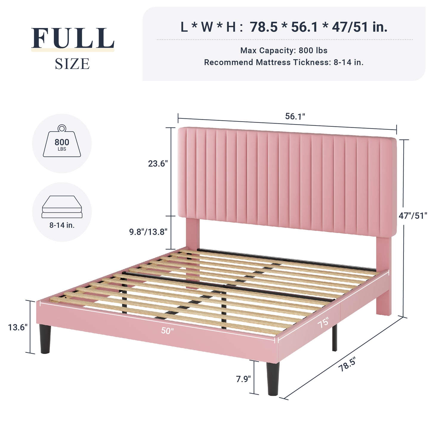 Allewie Velvet Upholstered Platform Bed Frame with Adjustable Vertical Channel Tufted Headboard