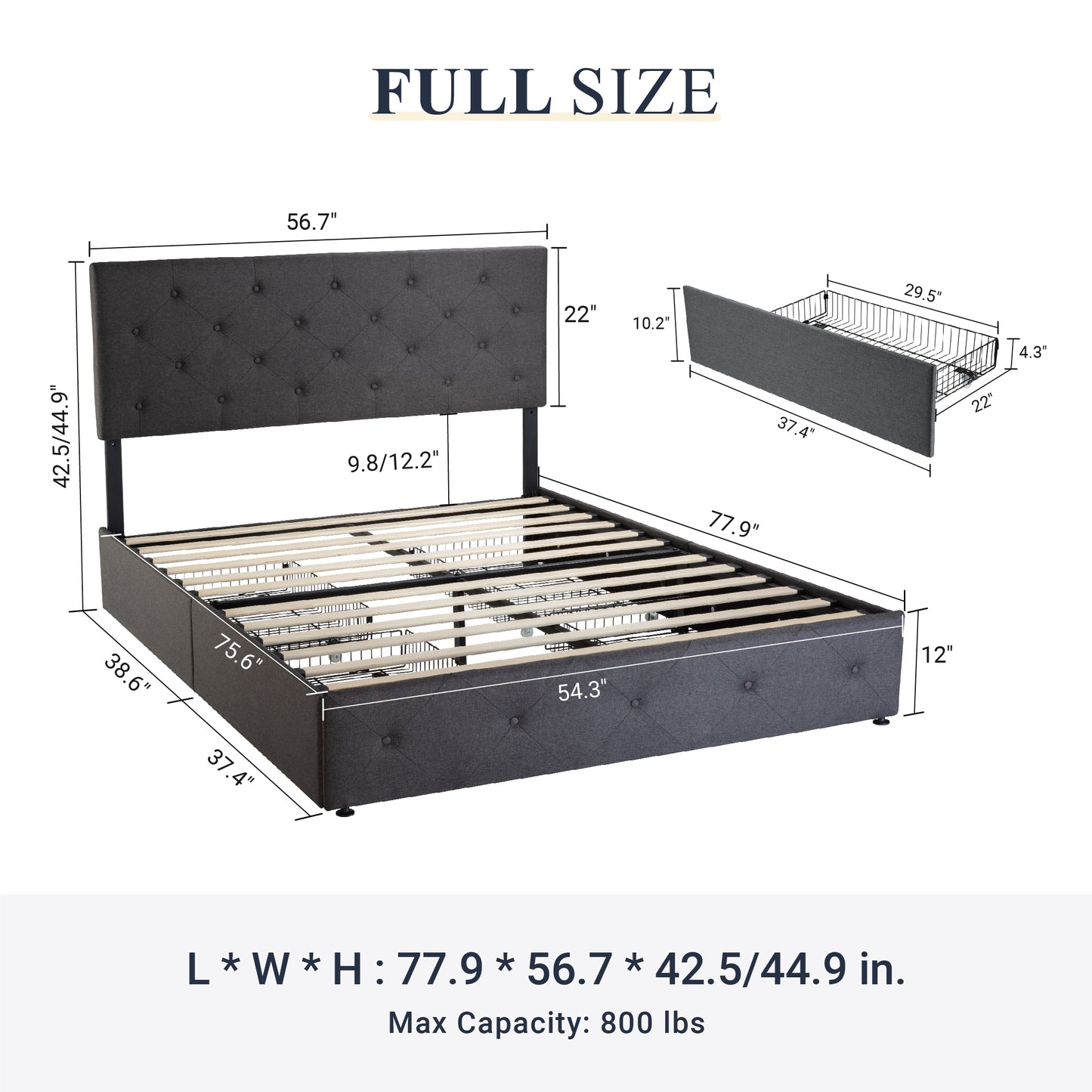 Allewie Queen Platform Bed Frame with 4 Drawers Storage and Headboard, Diamond Stitched Button Tufted Upholstered Mattress Foundation with Wood Slat Support, Dark Grey