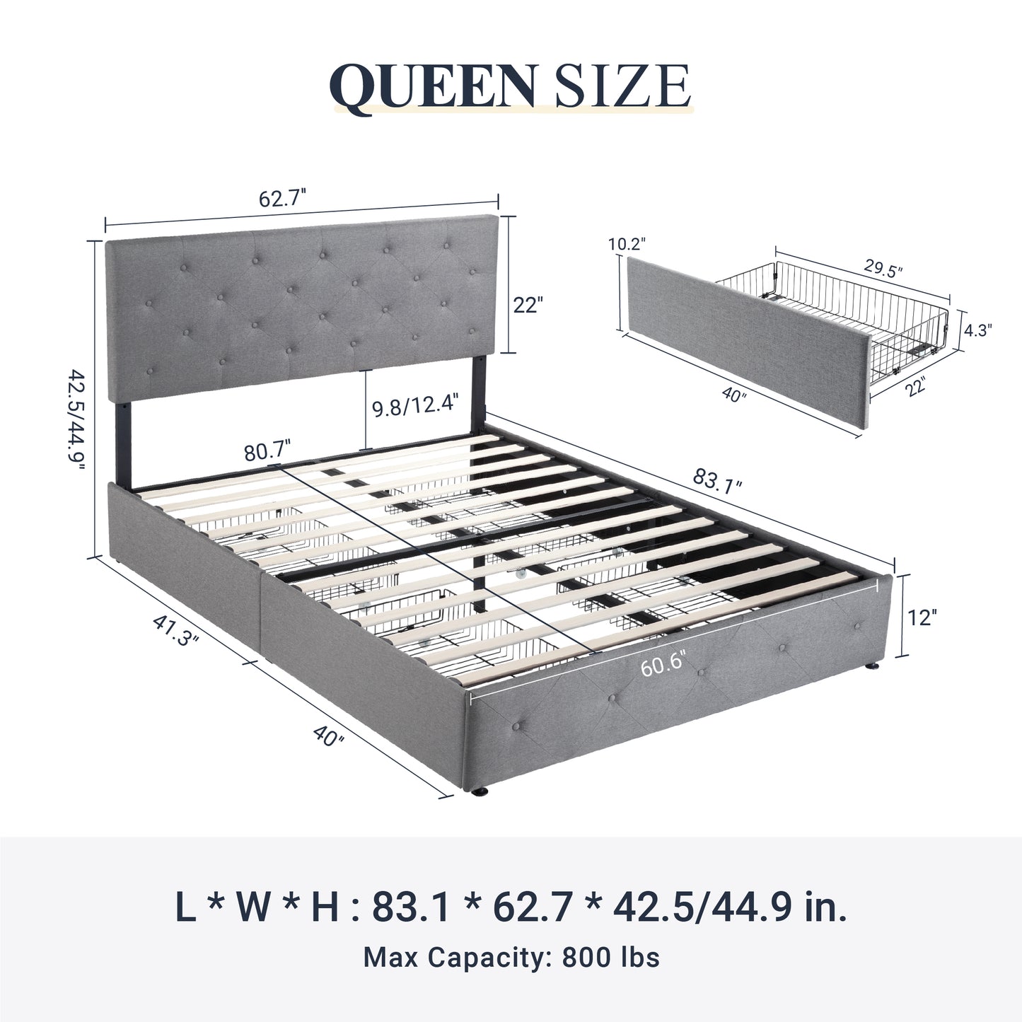 Allewie Queen Platform Bed Frame with 4 Drawers Storage and Headboard, Diamond Stitched Button Tufted Upholstered Mattress Foundation with Wood Slat Support, Dark Grey