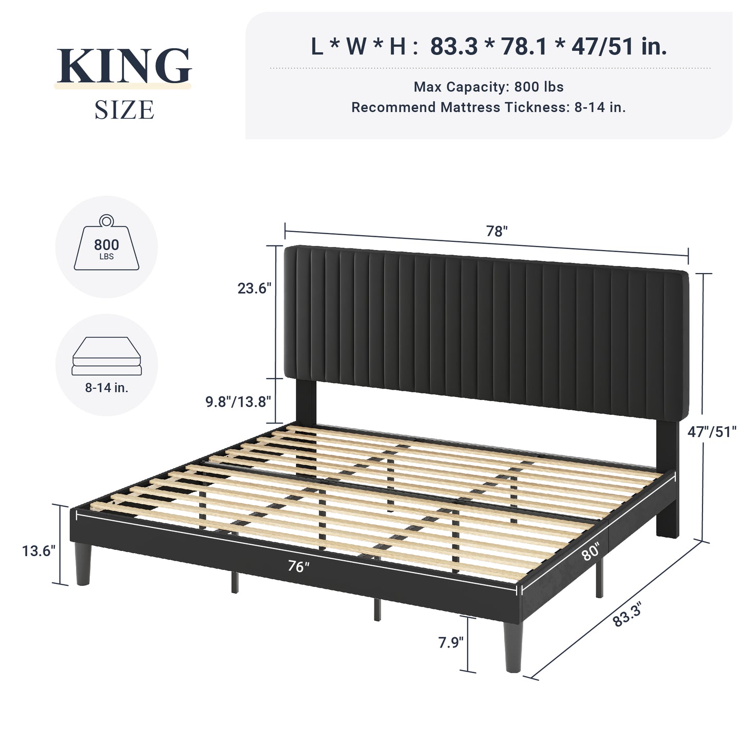 Allewie Velvet Upholstered Platform Bed Frame with Adjustable Vertical Channel Tufted Headboard