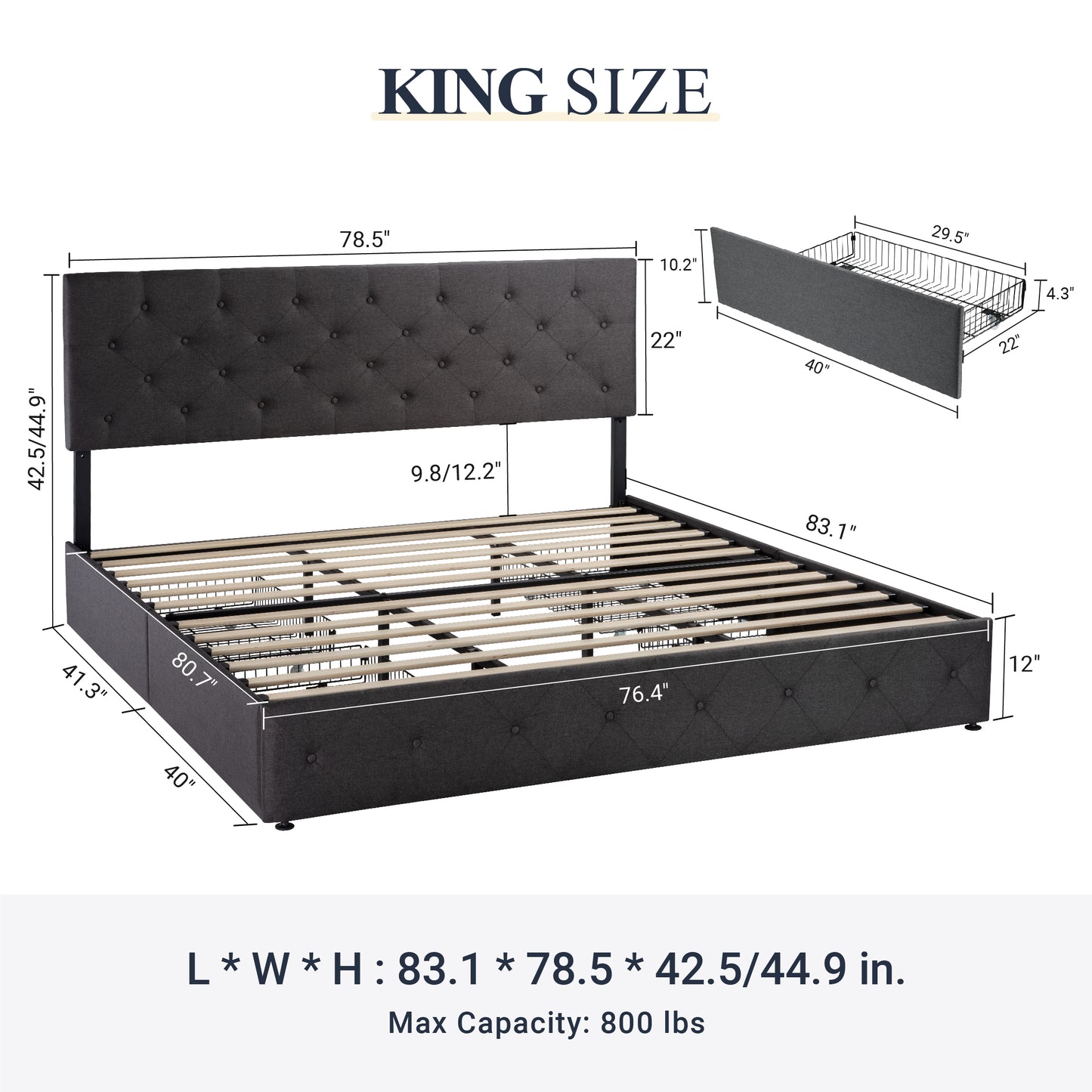 Allewie Queen Platform Bed Frame with 4 Drawers Storage and Headboard, Diamond Stitched Button Tufted Upholstered Mattress Foundation with Wood Slat Support, Dark Grey
