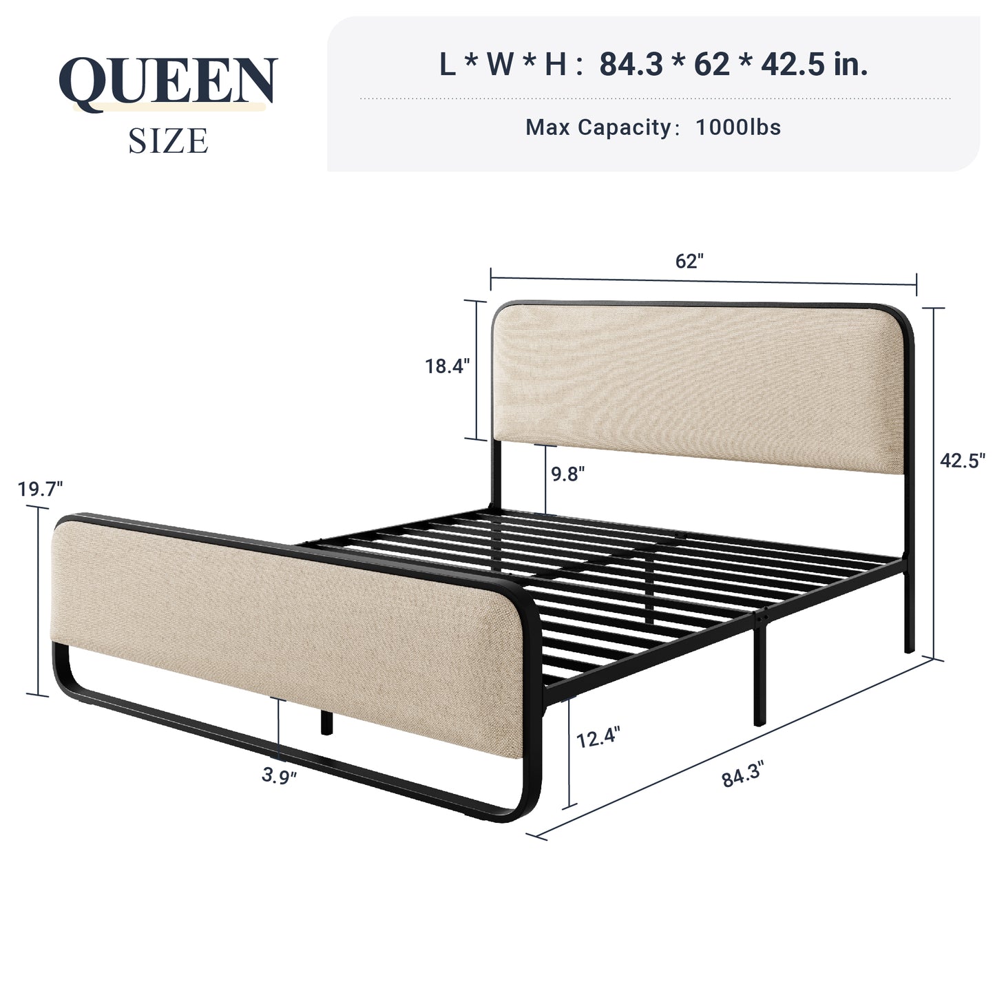 Allewie Metal Platform Bed Frame with Curved Upholstered Headboard and Footboard