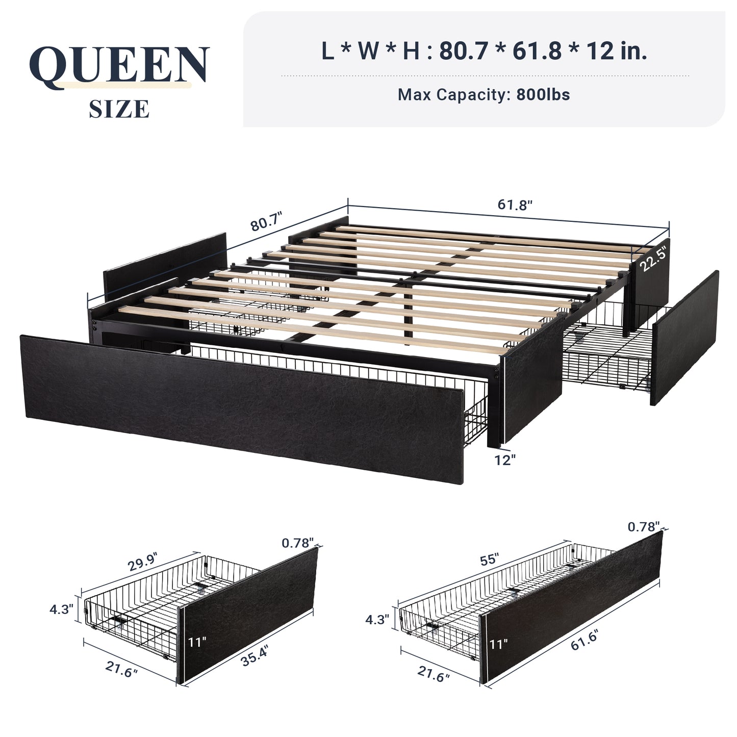 Allewie Platform Bed Frame with 3 Storage Drawers, Upholstered Wing Side Panel Design