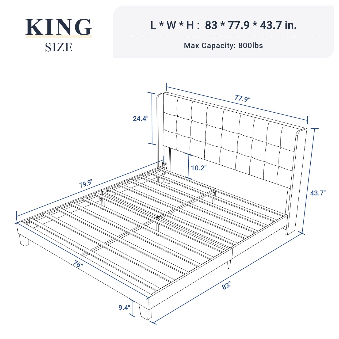 Allewie Platform Bed Frame with Wingback Fabric Upholstered Square Stitched Headboard and Wooden Slats, Grey