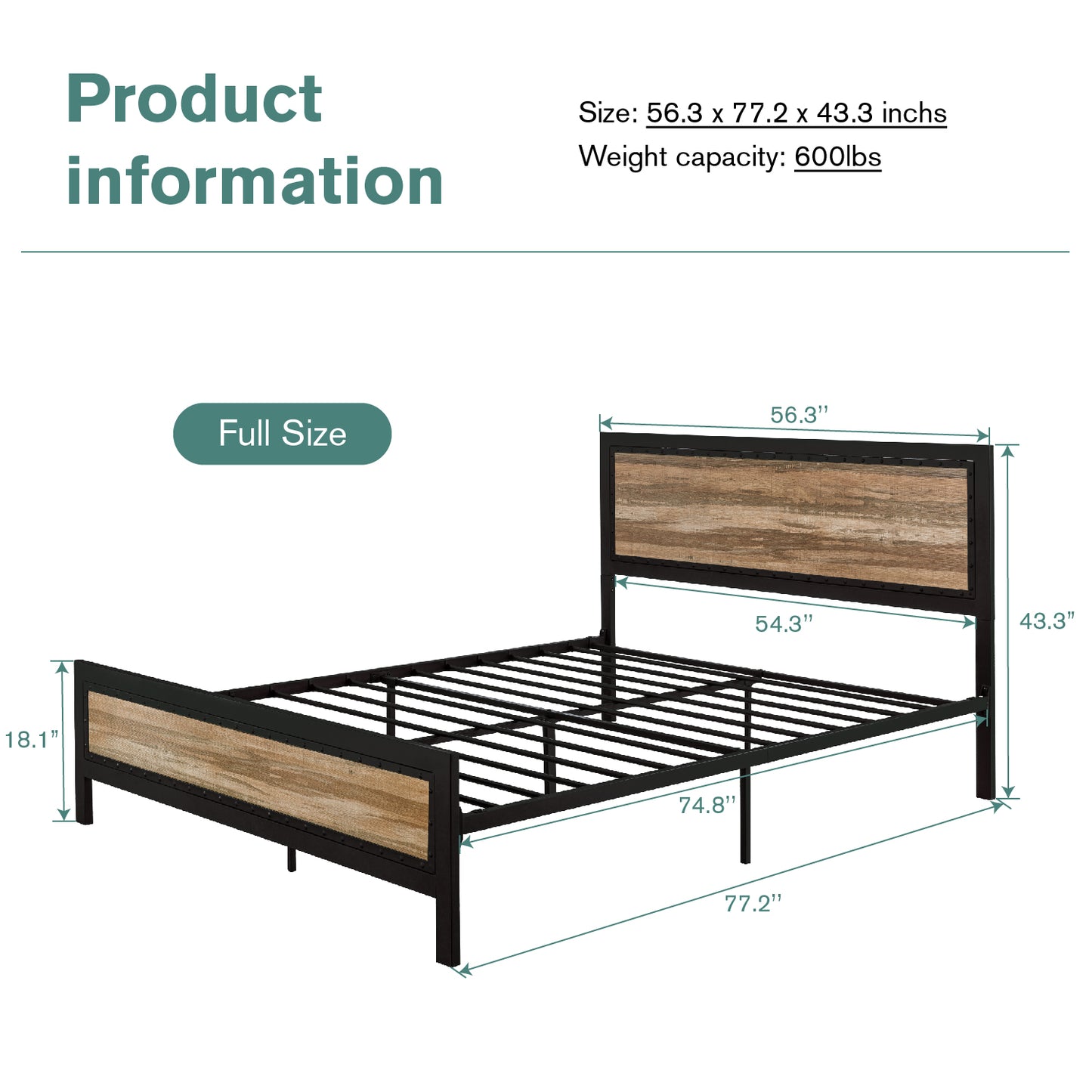 Allewie Brown Queen Size Metal Platform Bed Frame with Rivet Headboard and Black Frame, Industrial Wooden Headboard