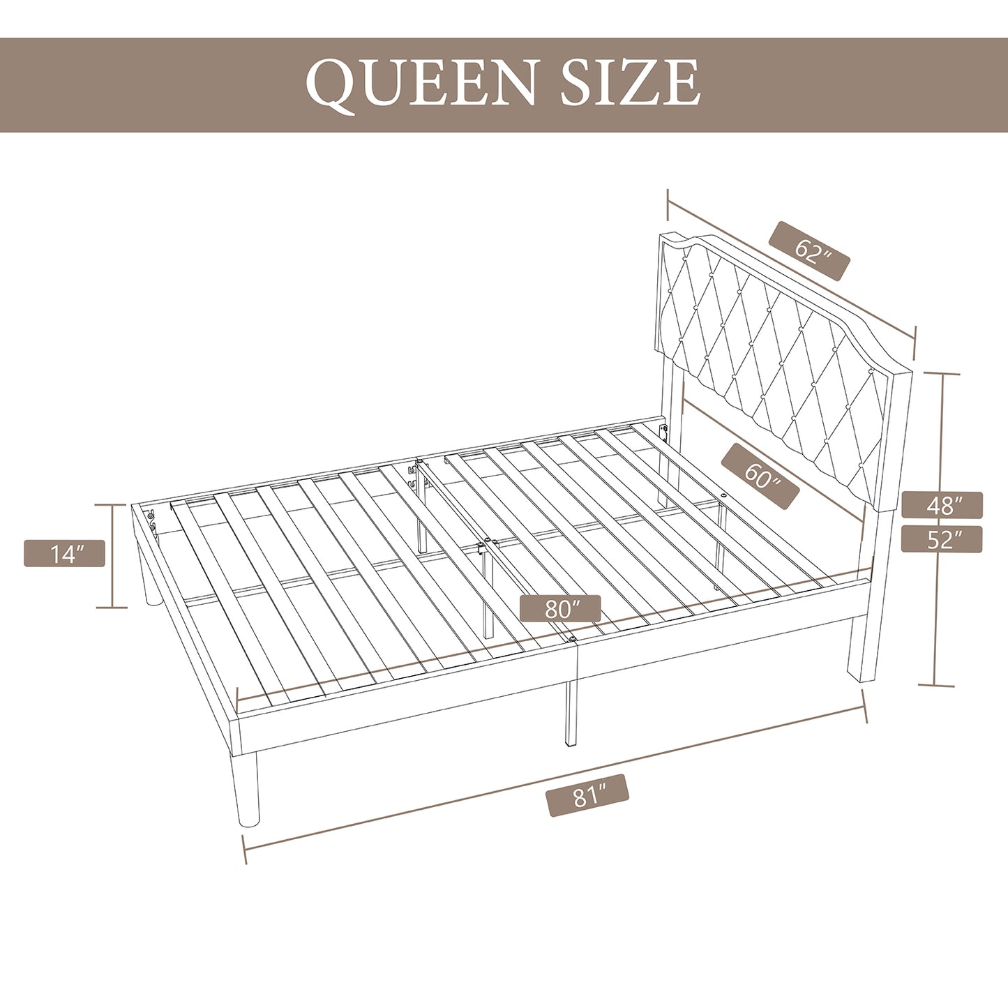 Allewie Upholstered Platform Bed Frame with Diamond Button Tufted Headboard, Sturdy Wood Slat Support
