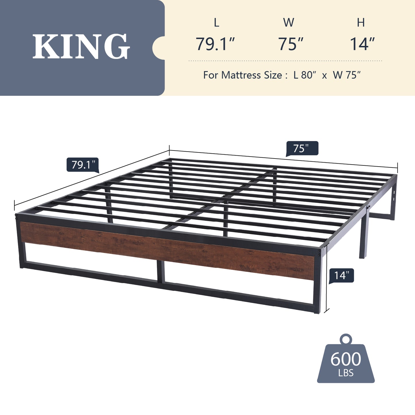 Allewie Black 14 Inch Metal Platform Bed Frame, Non-Headboard, Mattress Foundation with Metal Slat Support