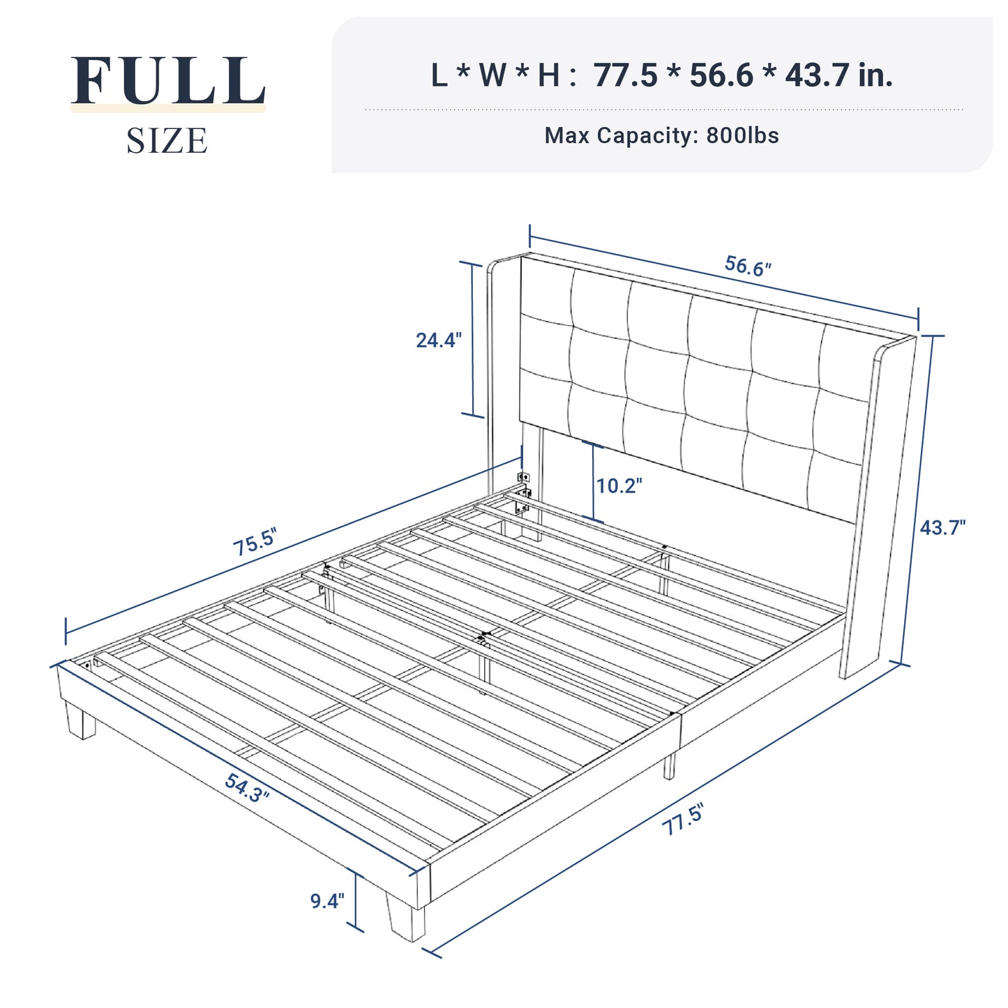 Allewie Platform Bed Frame with Wingback Fabric Upholstered Square Stitched Headboard and Wooden Slats, Grey