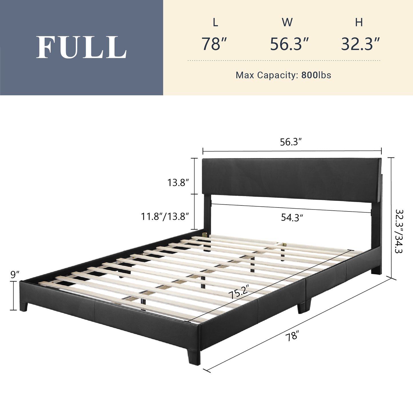 Allewie Platform Bed Fame with Upholstered Adjustable Leather Headboard, Black