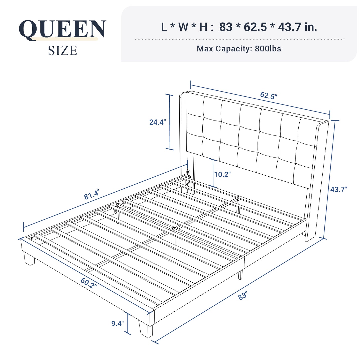 Allewie Platform Bed Frame with Wingback Fabric Upholstered Square Stitched Headboard and Wooden Slats, Grey