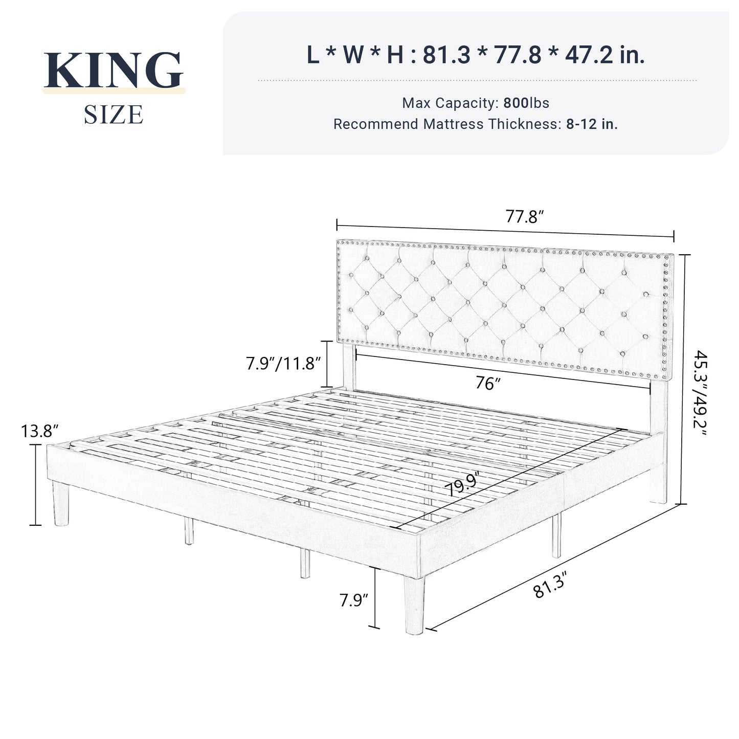 Allewie Bed Frame, Velvet Upholstered Platform Bed with Adjustable Diamond Button Tufted & Nailhead Trim Headboard