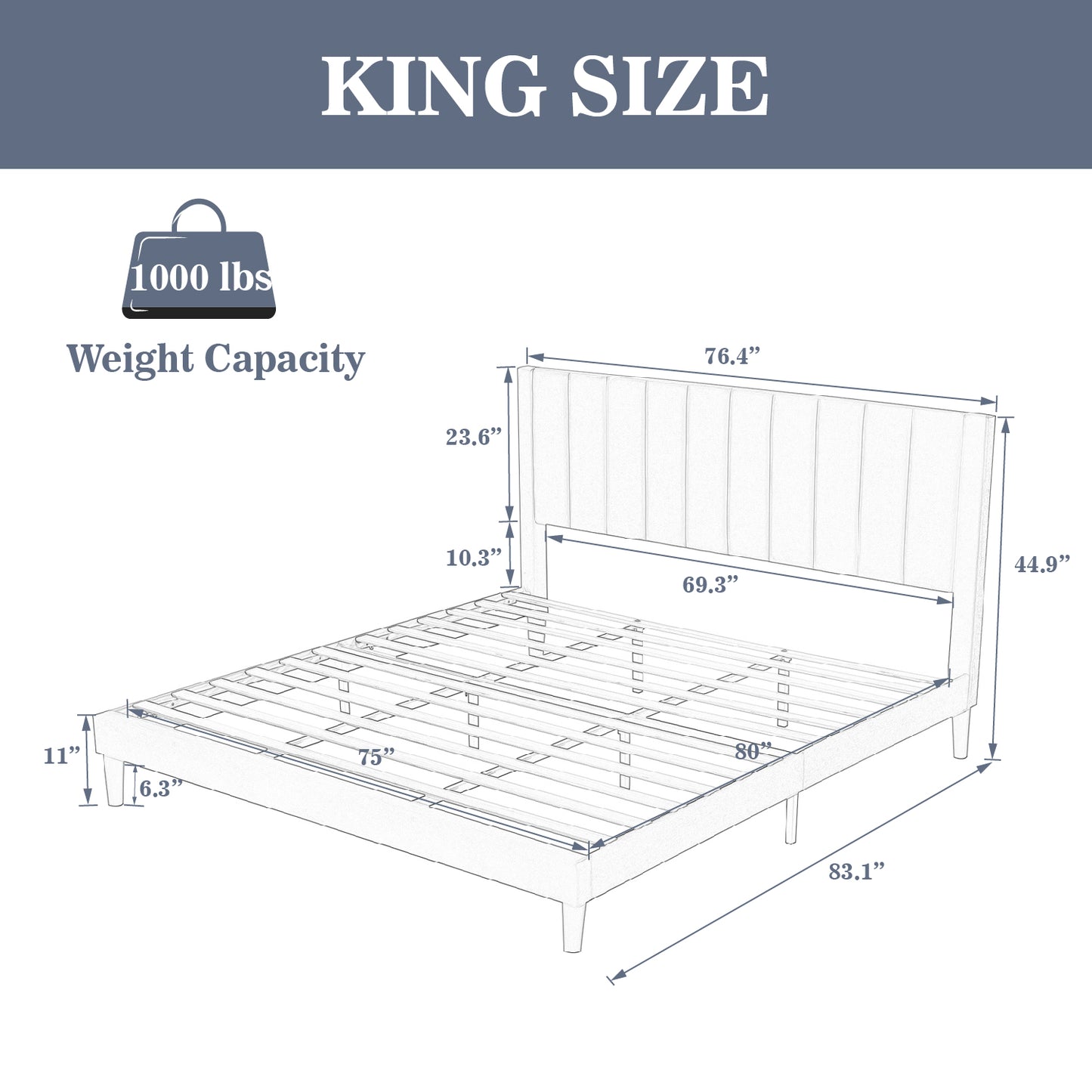 Allewie Velvet Upholstered Bed Frame with Vertical Channel Tufted Headboard, Navy Blue