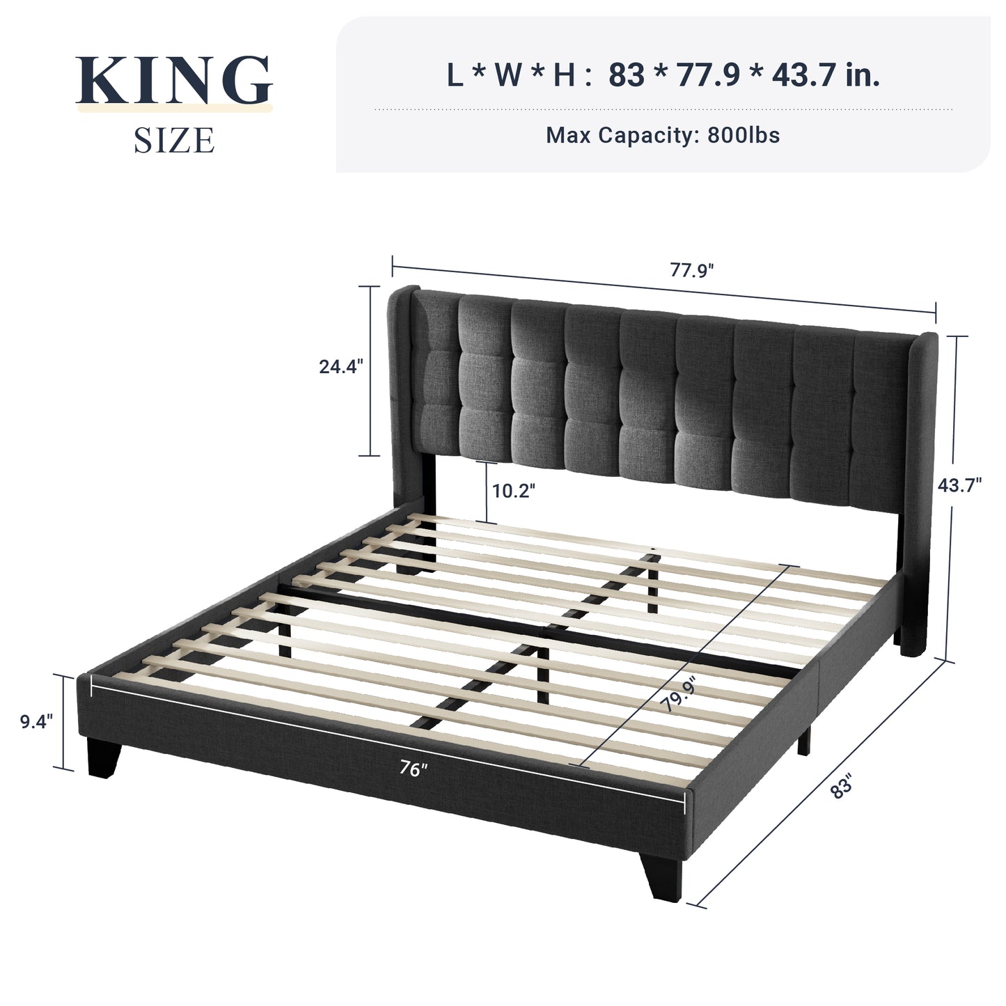 Allewie Platform Bed Frame with Wingback Fabric Upholstered Square Stitched Headboard and Wooden Slats, Grey