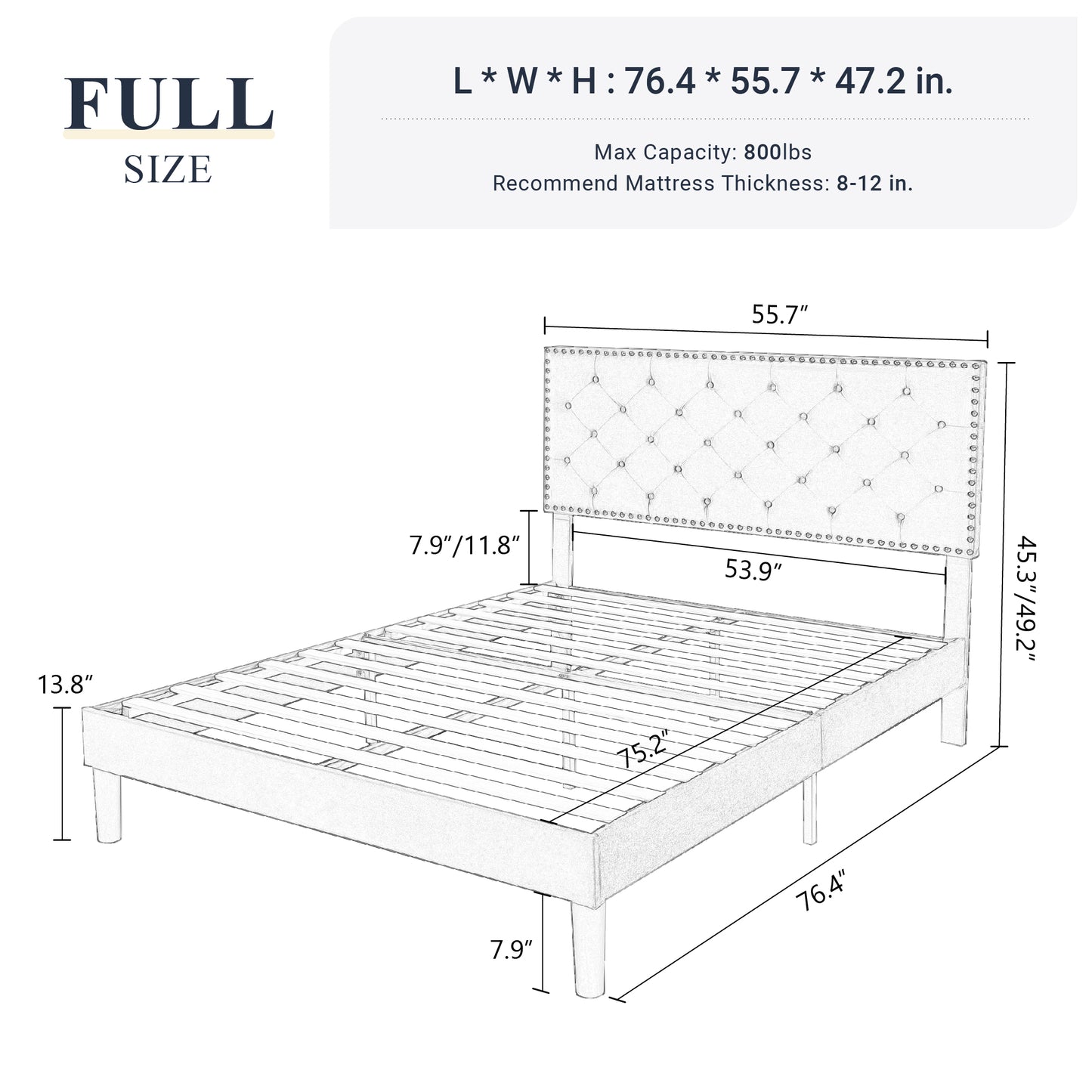 Allewie Bed Frame, Velvet Upholstered Platform Bed with Adjustable Diamond Button Tufted & Nailhead Trim Headboard
