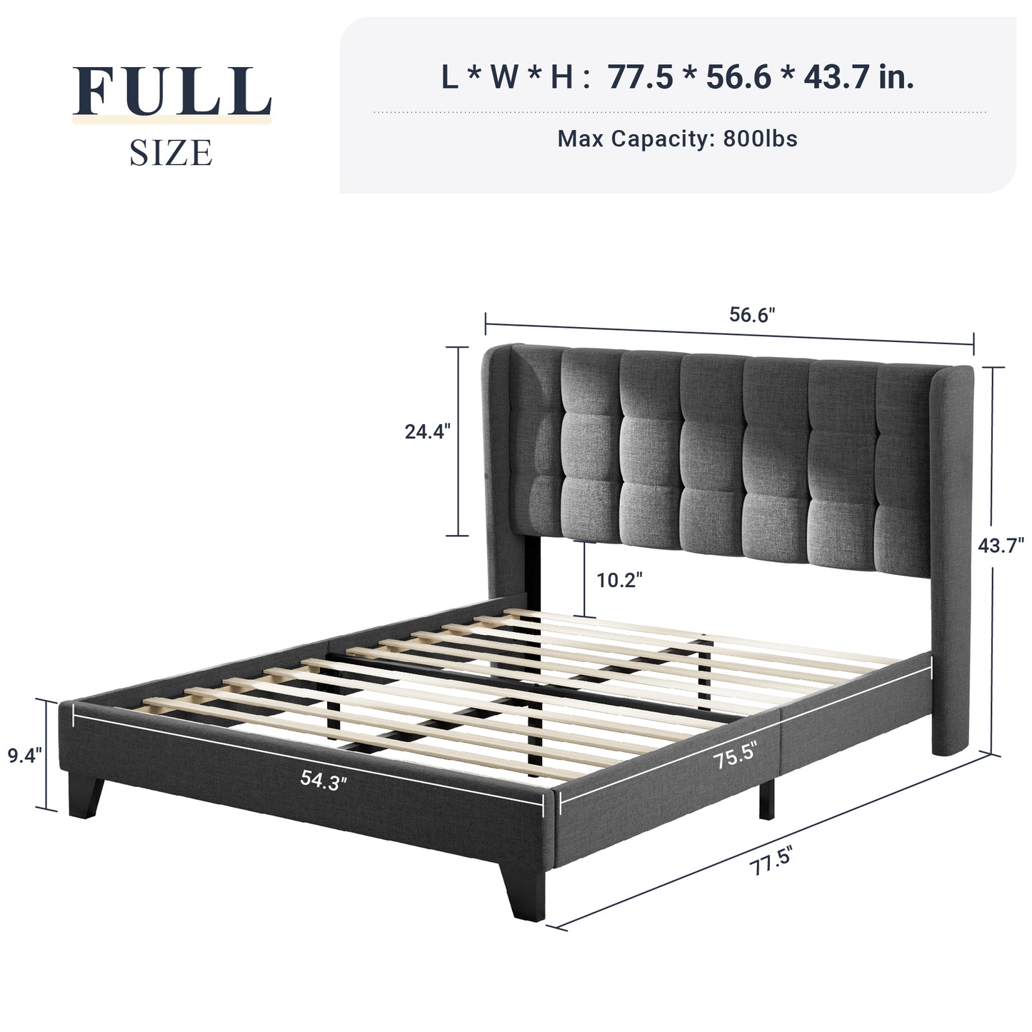 Allewie Platform Bed Frame with Wingback Fabric Upholstered Square Stitched Headboard and Wooden Slats, Grey