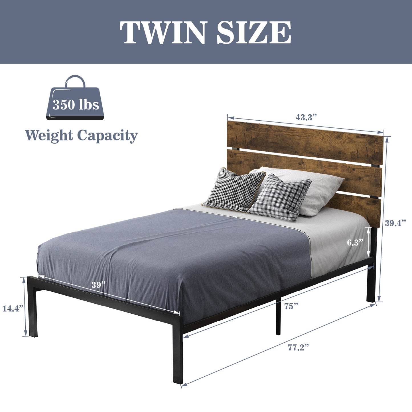 Allewie Rustic Country Style Wooden Headboard Metal Platform Bed with Strong Metal Slats