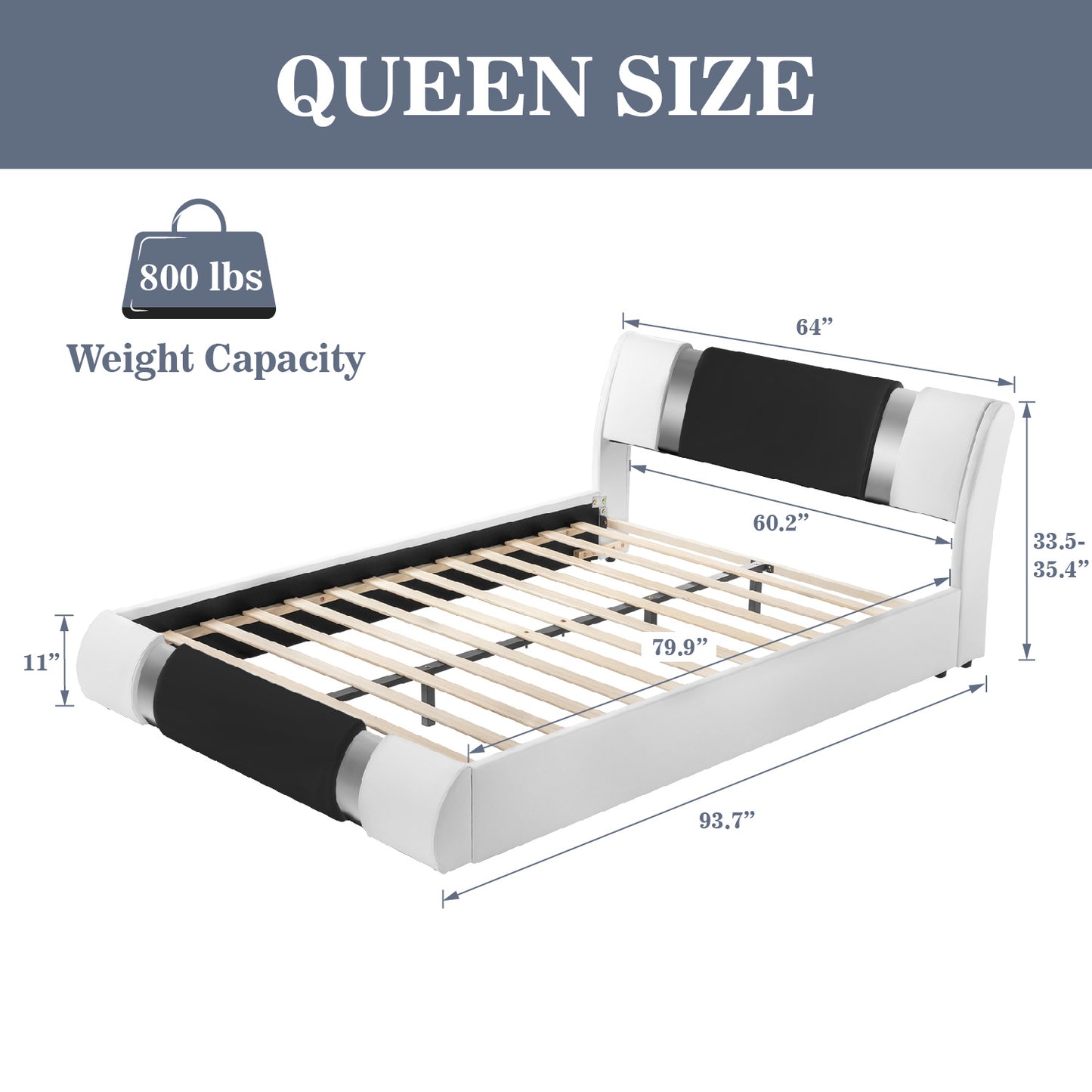 Allewie Queen Size Faux Leather Upholstered Platform Bed with Iron Piece Decoration Adjustable Headboard, 24 Wooden Slats, Black and White