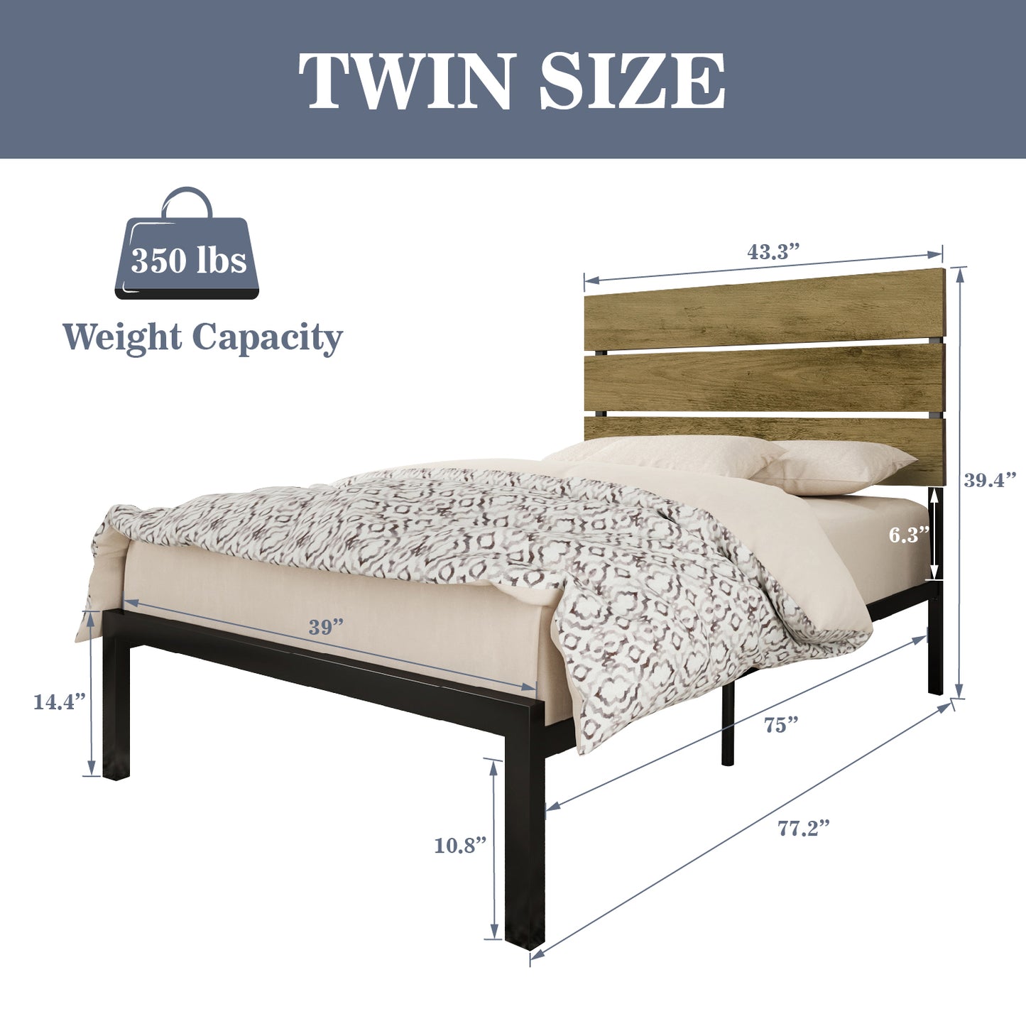 Allewie Rustic Country Style Wooden Headboard Metal Platform Bed with Strong Metal Slats