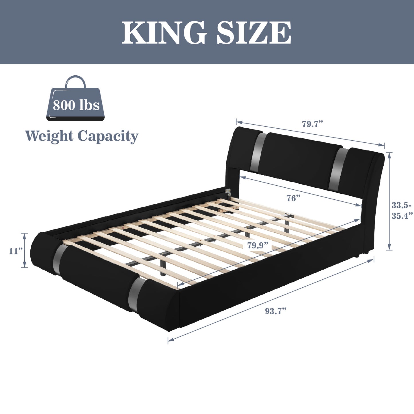 Allewie Deluxe Upholstered Modern Platform Bed with Iron Pieces Decor and Adjustable Headboard and Solid Wooden Slats Support