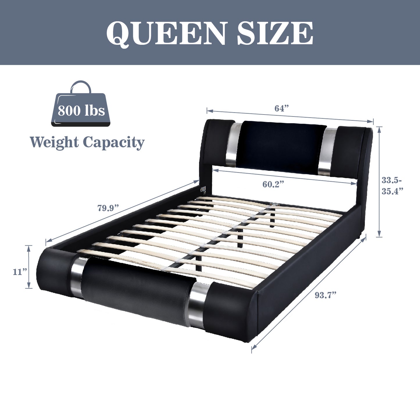 Allewie Deluxe Upholstered Modern Platform Bed with Iron Pieces Decor and Adjustable Headboard and Solid Wooden Slats Support