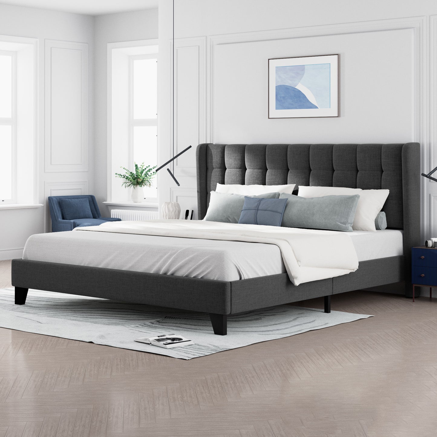 Allewie Platform Bed Frame with Wingback Fabric Upholstered Square Stitched Headboard and Wooden Slats, Grey