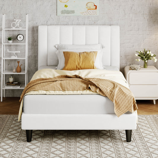 Allewie Twin Bed Frame/Velvet Upholstered Bed Frame with Vertical Channel Tufted Headboard/Strong Wooden Slats