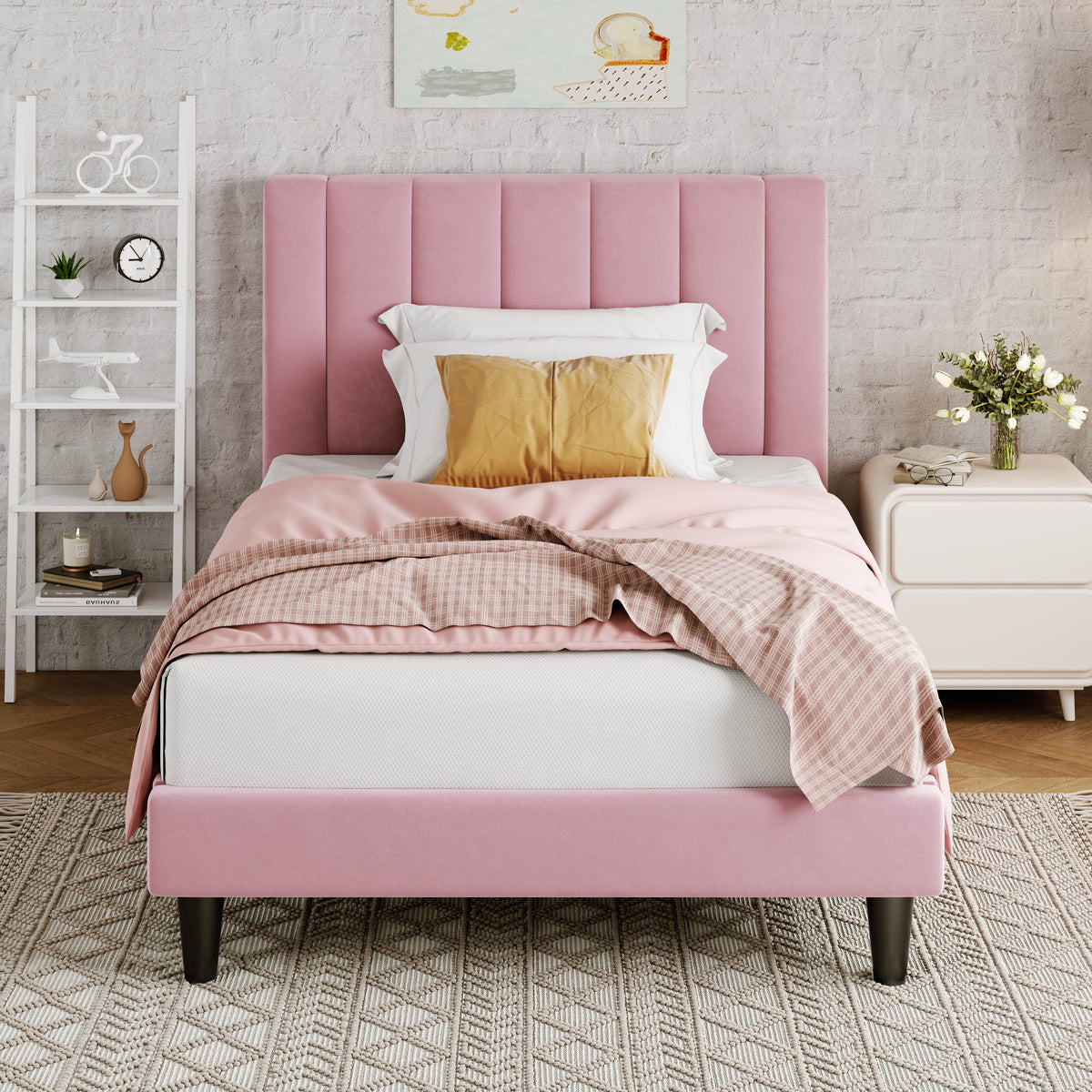 Allewie Twin Bed Frame/Velvet Upholstered Bed Frame with Vertical Channel Tufted Headboard/Strong Wooden Slats