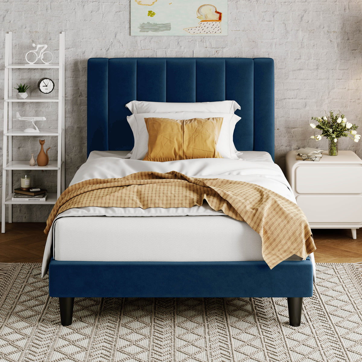 Allewie Twin Bed Frame/Velvet Upholstered Bed Frame with Vertical Channel Tufted Headboard/Strong Wooden Slats