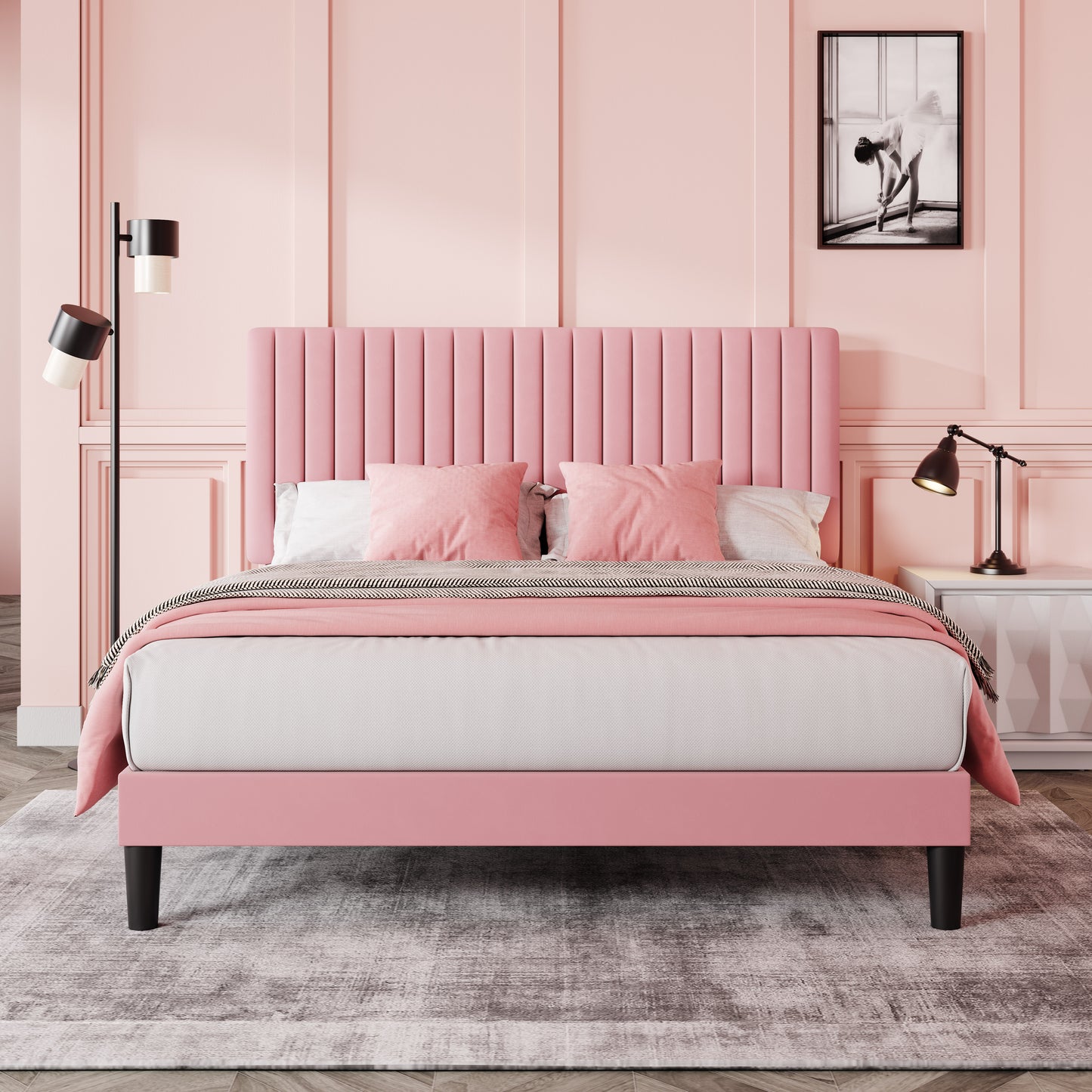 Allewie Velvet Upholstered Platform Bed Frame with Adjustable Vertical Channel Tufted Headboard