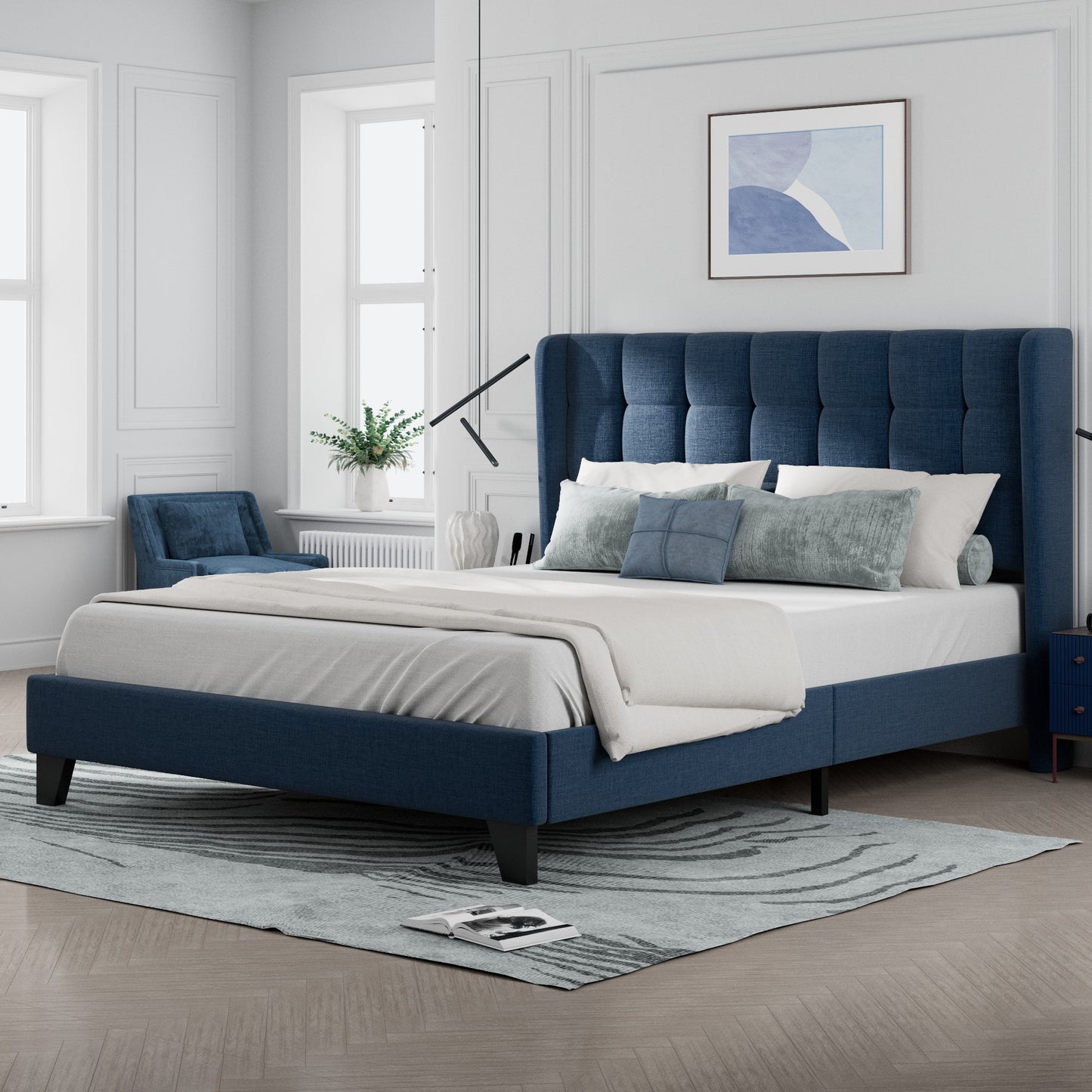 Allewie Platform Bed Frame with Wingback Fabric Upholstered Square Stitched Headboard and Wooden Slats, Grey