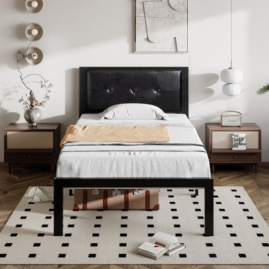 Allewie Faux Leather Platform Bed Frame Button Tufted Square Stitched Headboard, Black