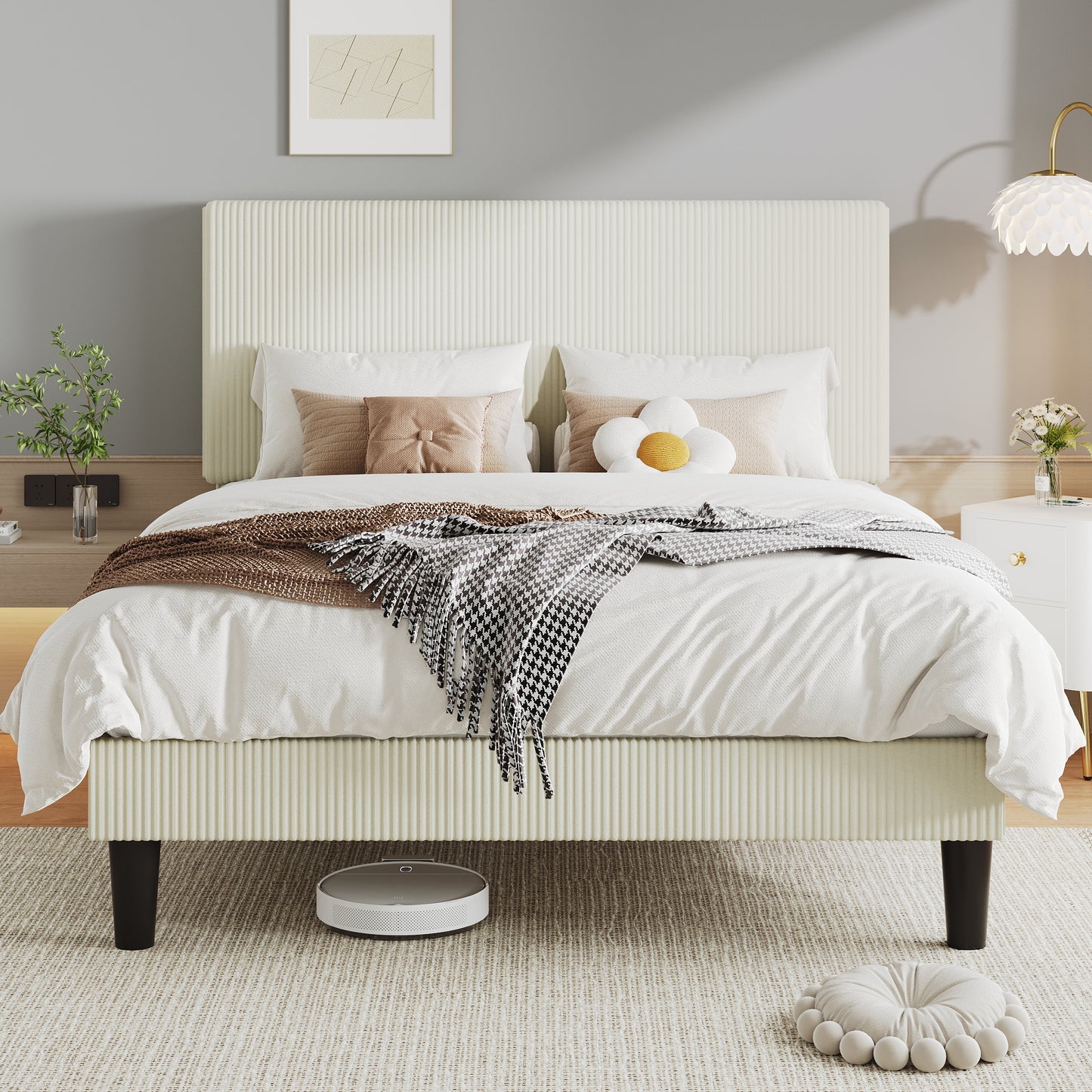 Allewie Upholstered Bed Frame with Vertical Channel Tufted Headboard, Soft Corduroy Fabric Platform Bed
