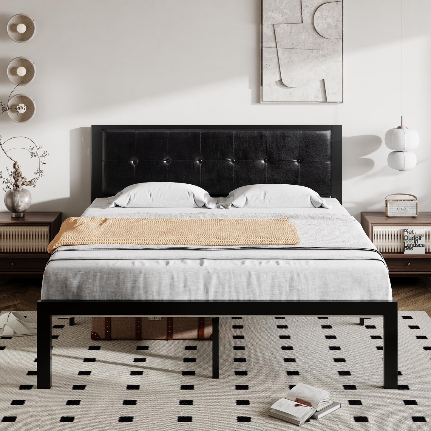 Allewie Faux Leather Platform Bed Frame Button Tufted Square Stitched Headboard, Black