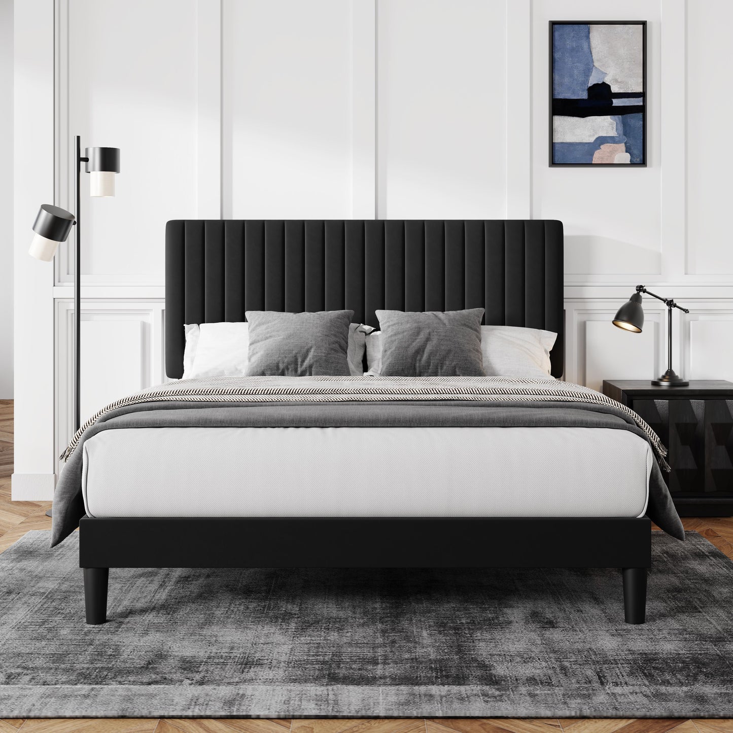Allewie Velvet Upholstered Platform Bed Frame with Adjustable Vertical Channel Tufted Headboard