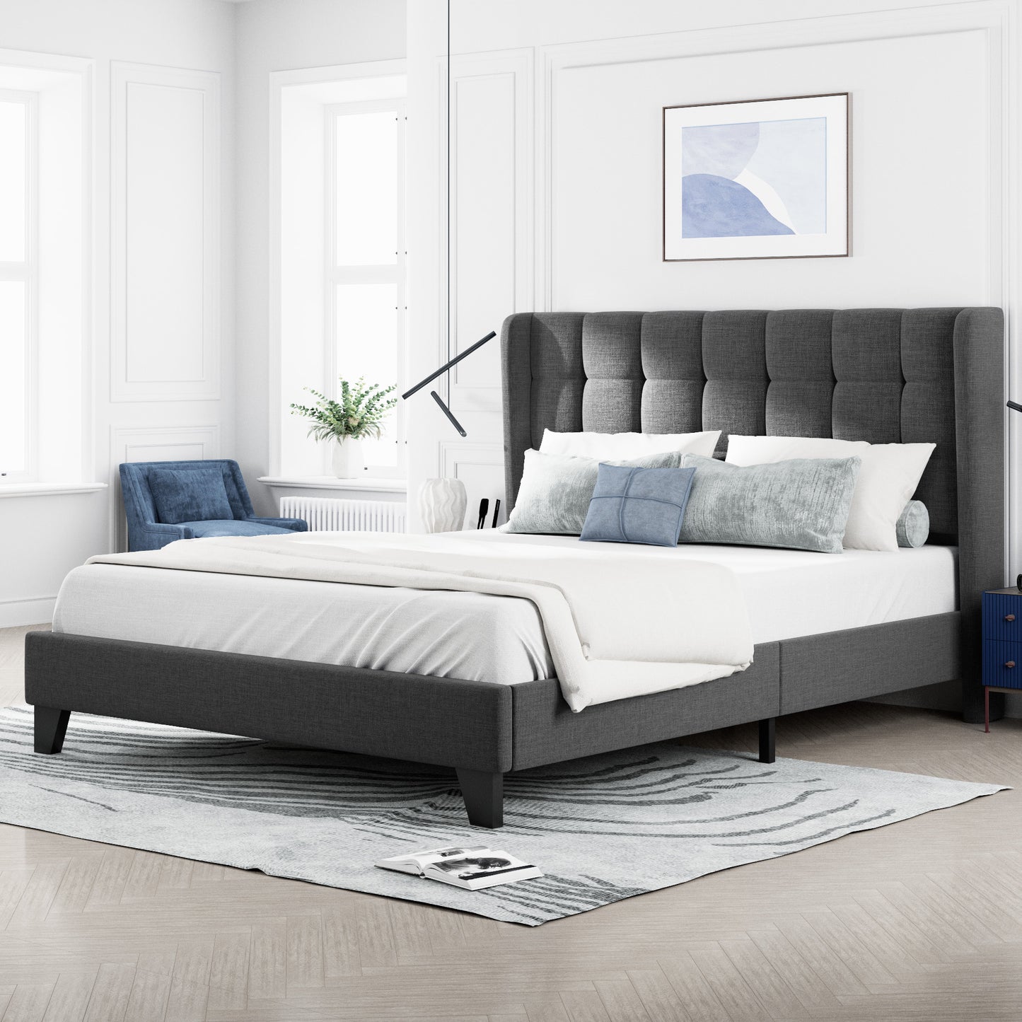 Allewie Platform Bed Frame with Wingback Fabric Upholstered Square Stitched Headboard and Wooden Slats, Grey