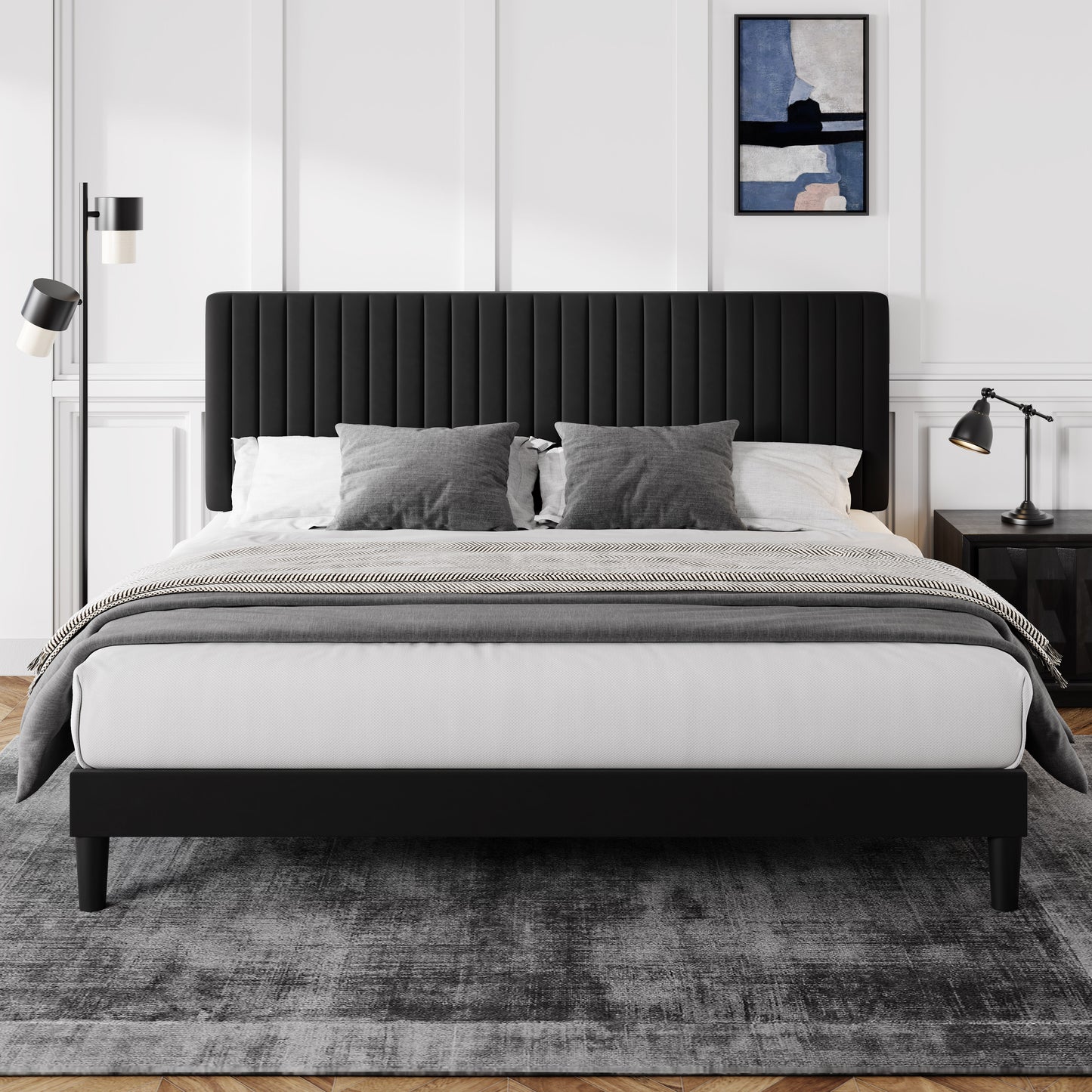 Allewie Velvet Upholstered Platform Bed Frame with Adjustable Vertical Channel Tufted Headboard