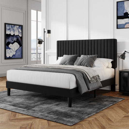 Allewie Velvet Upholstered Platform Bed Frame with Adjustable Vertical Channel Tufted Headboard