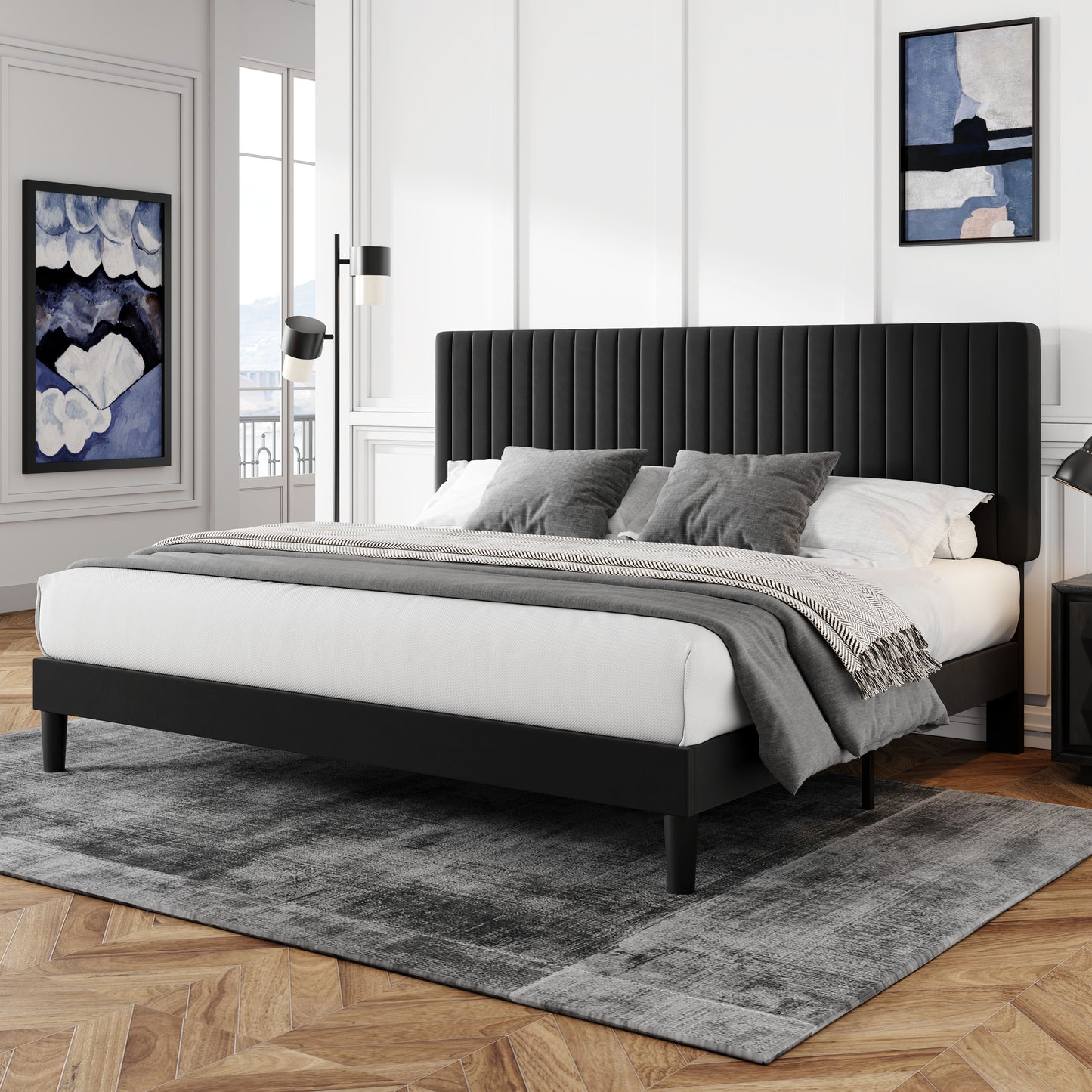 Allewie Velvet Upholstered Platform Bed Frame with Adjustable Vertical Channel Tufted Headboard
