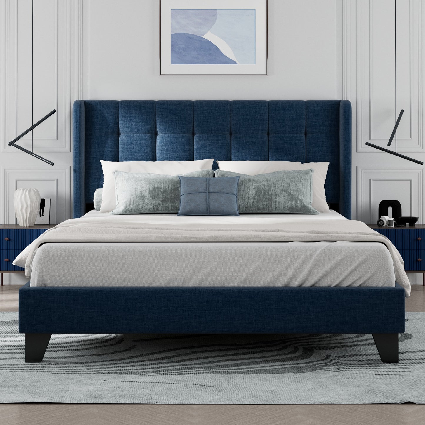 Allewie Platform Bed Frame with Wingback Fabric Upholstered Square Stitched Headboard and Wooden Slats, Grey